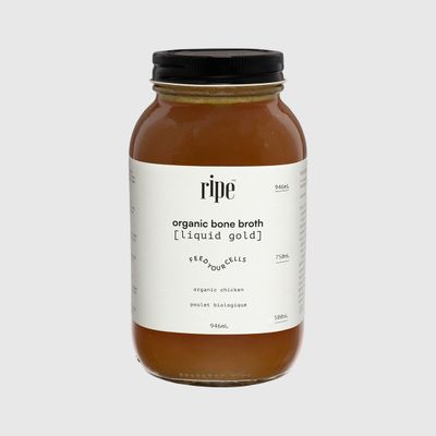 Liquid Gold organic chicken bone broth in a glass jar
